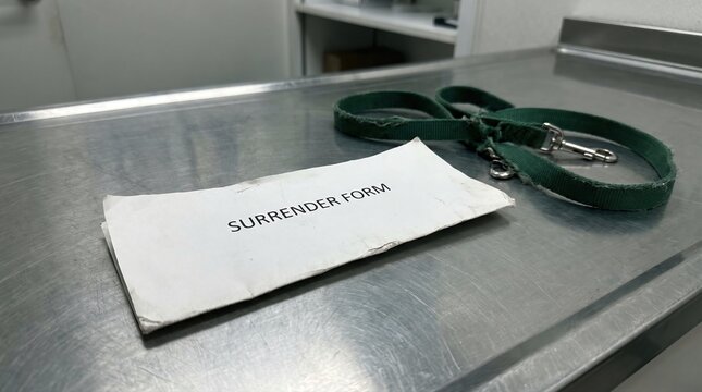Surrender form on veterinary counter beside leash in animal intake setting