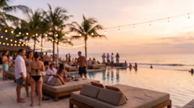 Intentional blurred view of a sunset beach club in Bali with people relaxing by an infinity pool for website headers, social media banners, and travel brochures.