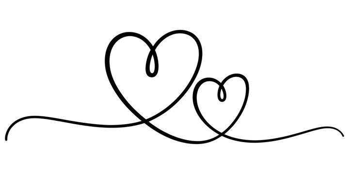 Two connected hearts drawn with a single continuous black ink line showing love and unity for romantic holiday cards or wedding anniversary design themes Vector, illustration