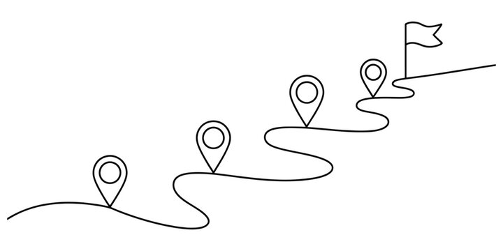 A simple continuous line drawing showing a winding path with multiple location map pins and a finish flag at the end representing a journey or progress Vector, illustration