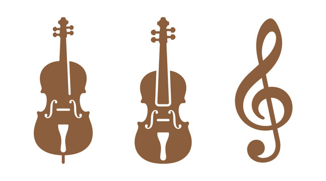 Classical musical instruments and music symbol including cello violin and treble clef with classical instrument orchestra symphony performance musician creative notation