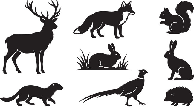 Set of forest animal silhouettes featuring deer fox squirrel rabbit pheasant and hedgehog in black vector style