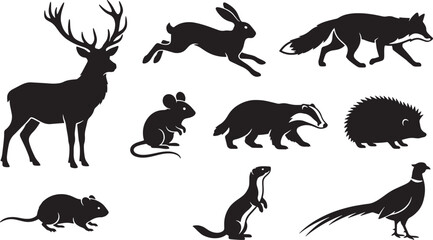 Obraz premium Set of wild forest animal silhouettes including deer rabbit fox badger hedgehog mouse and pheasant vector illustration