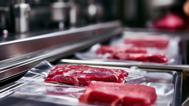 Packaged Beef Raw meat sealed in vacuum bags on a conveyor belt, likely in a food processing or packaging facility.