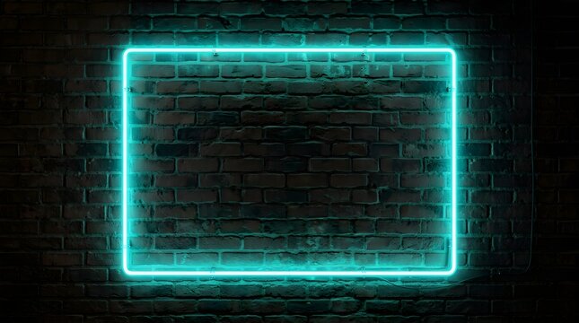 Glowing cyan neon rectangular frame on textured dark brick wall background