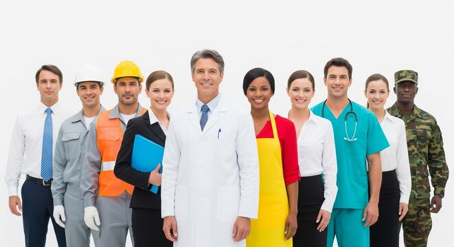 Diverse group of professionals in uniform, representing various careers and vocations standing