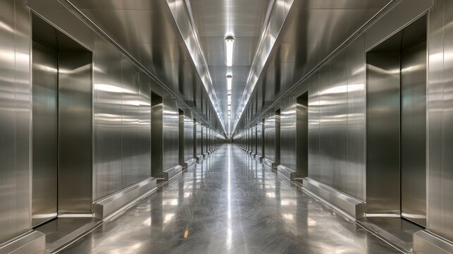 Packaged Beef Futuristic metallic corridor with reflective walls and ceiling lights creating a symmetrical, infinite perspective.