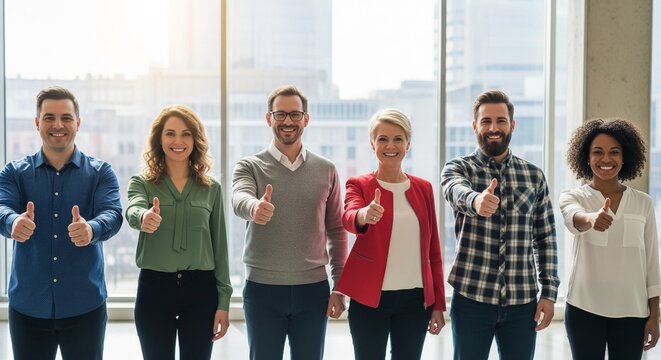 Diverse group of six happy business professionals giving thumbs up gesture, diverse team celebrating