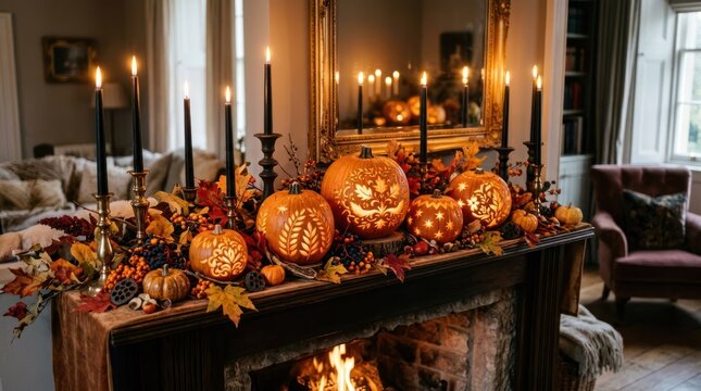 A cozy living room with a fireplace, decorated for Halloween with carved pumpkins and candles.