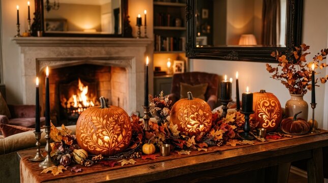 A cozy living room with a fireplace, candles, and a wooden table with carved pumpkins and autumn leaves.