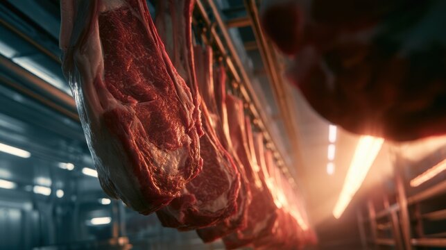 Packaged Beef Close-up of raw meat cuts hanging in a cold storage or meat processing facility.