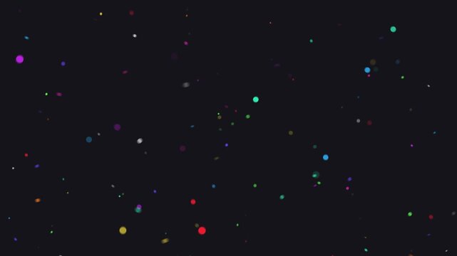 Multicolored dots blink and fall in zigzag motion across a dark background, creating a playful particle animation ideal for festive overlays, intros, transitions, promos, and looping visuals.