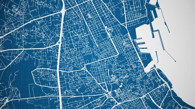 Ink reveal animation of Palermo city, Sicily, Italy, grid map. Aerial top view. Blueprint style. White lines with blue background. 4K Seamless loop.