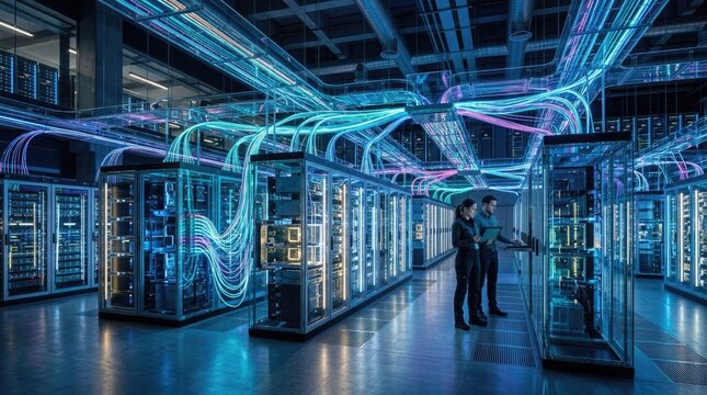 Professional team working in high-tech data center environment managing advanced server infrastructure with glowing fiber optic cables and connectivity nodes