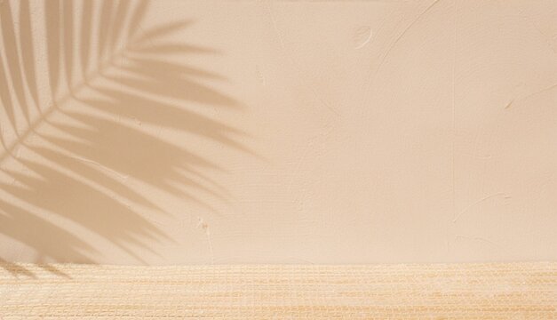 漆喰風の壁と編み込みの台座、ヤシの葉の影が落ちるナチュラルな背景素材　Natural Display Background with Stucco Wall, Woven Podium, and Palm Leaf Shadow