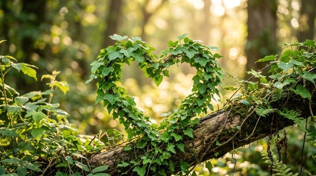 A heart-shaped green ivy leaf arrangement on a tree branch in a forest setting.