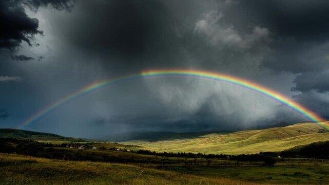 Rainbow arches over stormy green hills