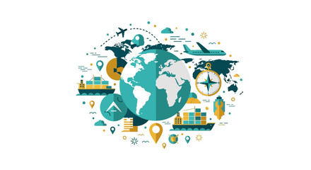 Naklejka premium Global Logistics and International Trade Concept Illustration with Globe, Cargo Ship, Airplane, and World Map for Supply Chain and Global Business