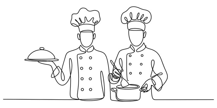 Continuous line drawing of two professional chefs cooking together in a kitchen serving food with a metal cloche and stirring a pot for restaurant service Vector, illustration
