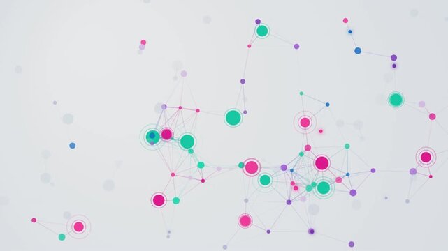 Abstract molecular structure background with colorful connected dots and lines moving across a white surface.