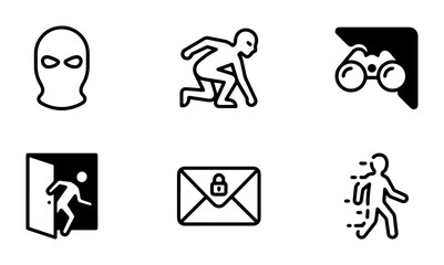 Fototapeta premium Crime and Security Icons Set: Burglar, Surveillance, Intrusion, Privacy, Investigation, Security Vector Graphics