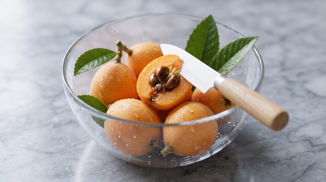 Fresh Loquat Fruits in a Glass Bowl with a Knife on Marble Surface