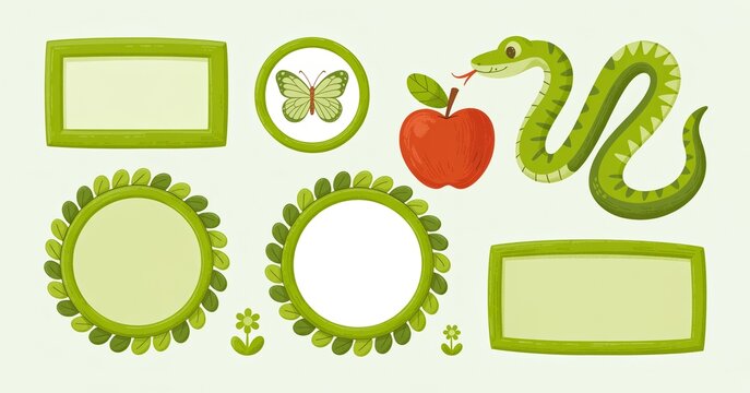 A collection of decorative green frames featuring a cute cartoon snake a red apple and a butterfly on a light background design