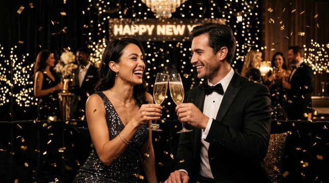 A couple toasting champagne glasses at a New Year's Eve party.