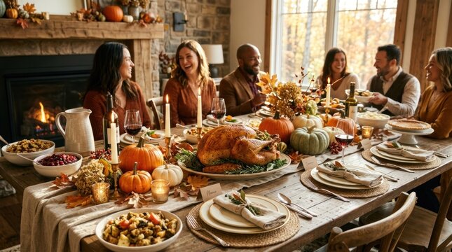 A group of people gathered around a Thanksgiving table with a roasted turkey, various side dishes, and a fireplace in the background.