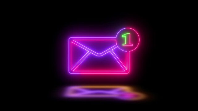 glowing neon mail envelope icon animation with one notification on dark background.4k video animation