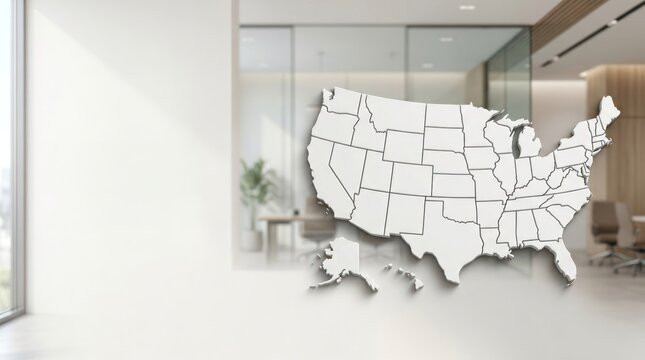 A white office with a map of the United States on the wall.