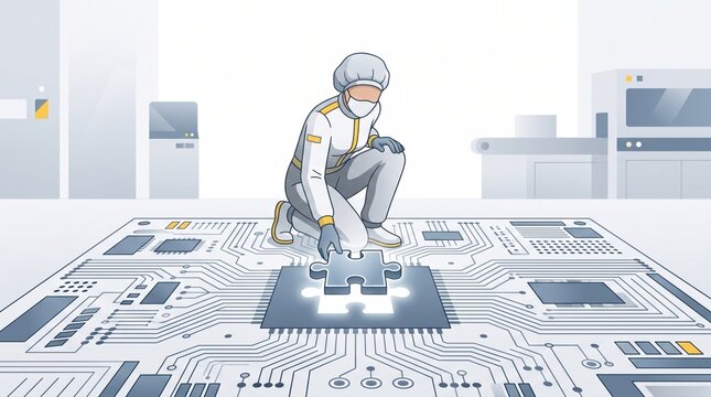 Engineer placing puzzle piece into microchip layout for semiconductor solution