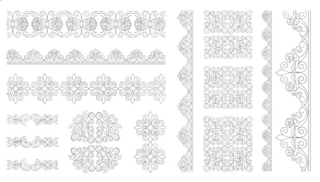 Ornamental border stencils and decorative lace elements collection in thin black lines on a white background.