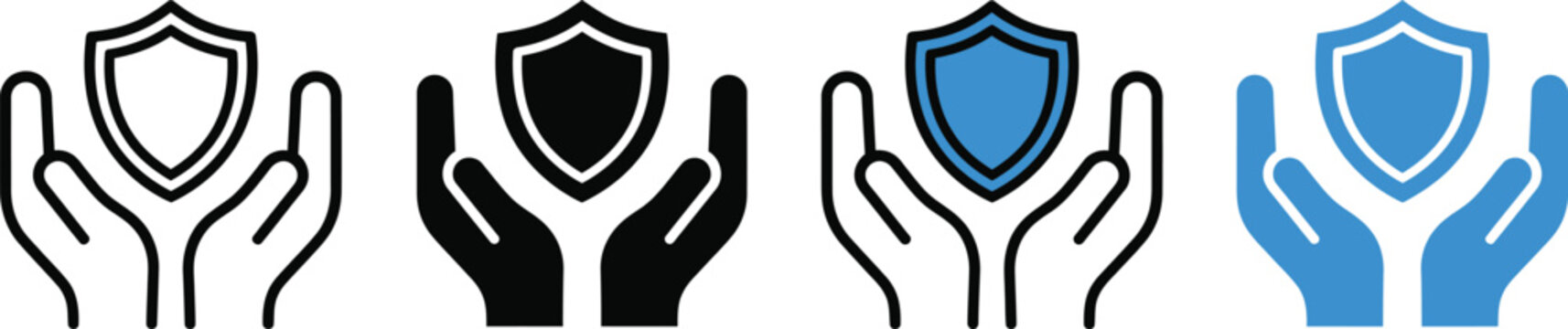 Shield icons held in open hands vector graphic set featuring blue and black minimalist designs for secure digital web applications