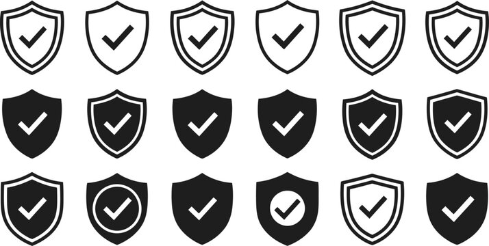 Shield icons featuring check marks arranged in a collection of minimalist vector graphic designs for modern digital security web interfaces
