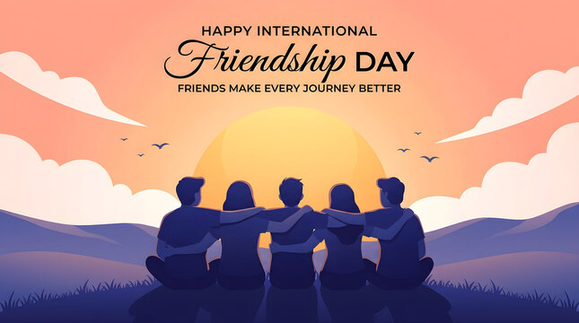 Friends sit together in a group while watching a sunset over the horizon to celebrate international friendship day.