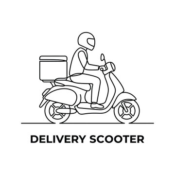 Line art illustration depicting a delivery scooter with a rider showcasing transportation and logistics motorbike moped vehicle logistics service