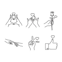 Obraz premium Minimalist hand gestures vector icon set, romantic love symbols, diverse hand signs for relationships and affection, black and white line art illustrations for Valentine's Day.