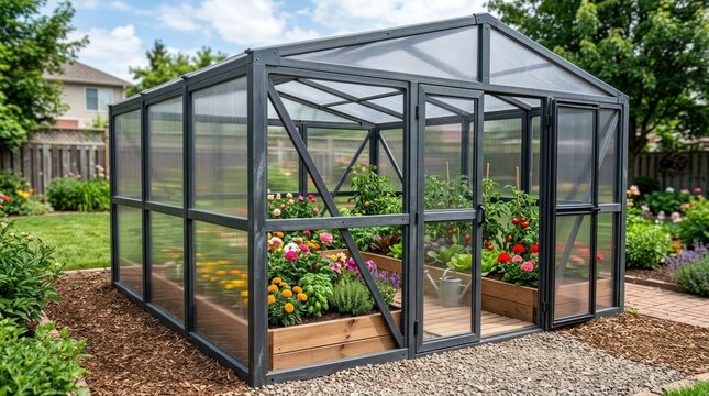 A greenhouse with plants and flowers in a backyard setting.