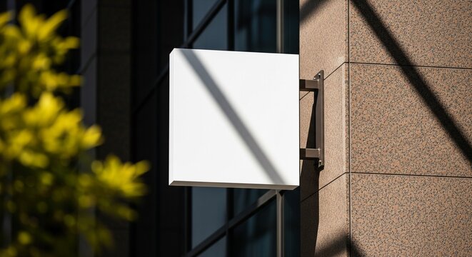 Blank square white signage mock-up mounted on a textured stone building wall with glass window reflections in daylight