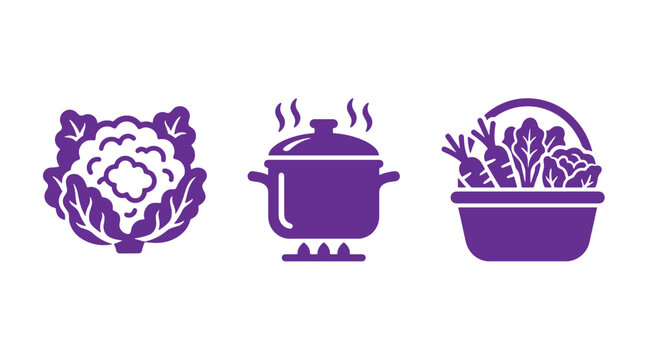 Culinary set featuring a cauliflower a boiling pot and a basket of fresh vegetables cauliflower vegetables steaming silhouette nutrition preparation culinary elements