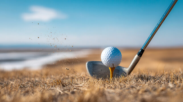 Golf ball on a tee as a club strikes it at a coastal golf course under blue sky during the day