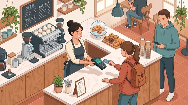 Cafe counter transaction with barista customer checkout isometric scene