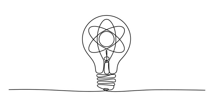 Continuous one line drawing of a light bulb with an atom symbol inside