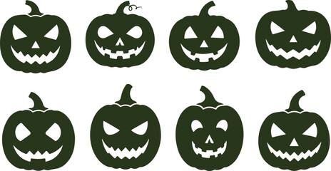 Obraz premium Halloween carved pumpkins with spooky faces arranged in two rows isolated on transparent background