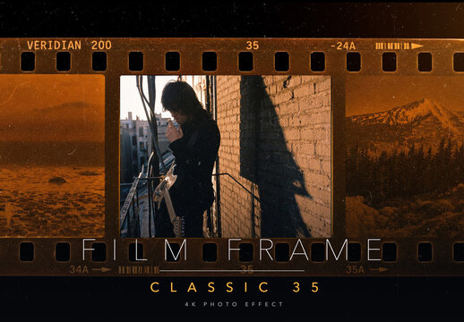 Film Frame Photo Effect Template - Classic 35mm Film Negative Retro Analog Amber Strip Border Look
