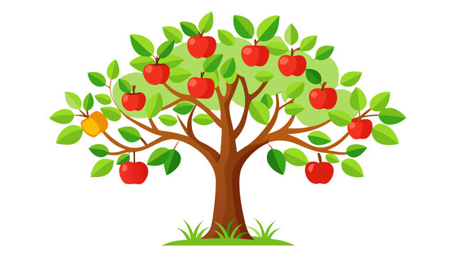 Apple Tree with Blossoms and Ripe Fruits Vector Illustration, Green Leaves and Branches in Nature Garden Design for Spring Summer Season, Harvest and Botanical Cartoon Concept