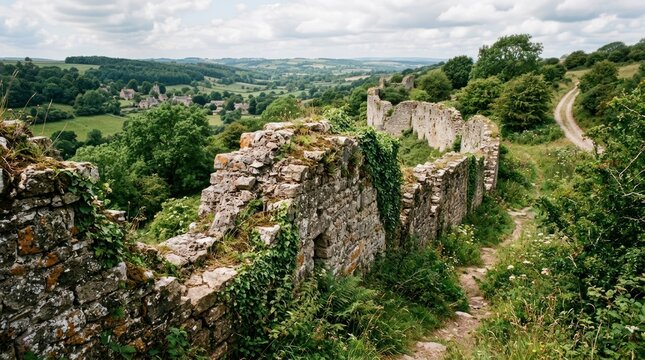 Ancient stone ruins with greenery and a dirt path leading away from them.