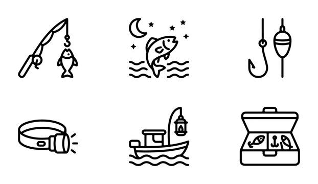 Fishing Icons Set: Rod, Jumping Fish, Hook, Headlamp, Boat, Tackle Box, Vector Graphics for Outdoor Recreation and Hobbies