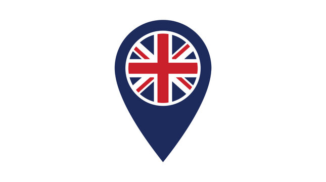 United kingdom flag inside a circular map pointer pin icon vector graphic illustration featuring bold red white and blue colors